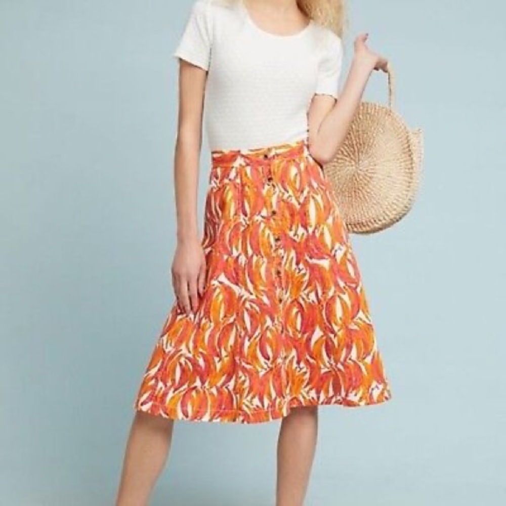 Anthropologie Maeve Denim Midi Banana Print Skirt Button Up A-Line